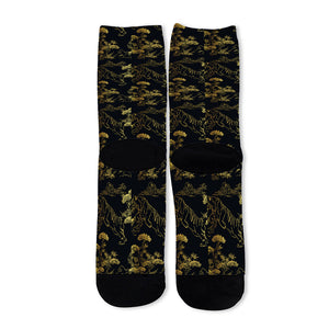 Black And Gold Japanese Tiger Print Long Socks