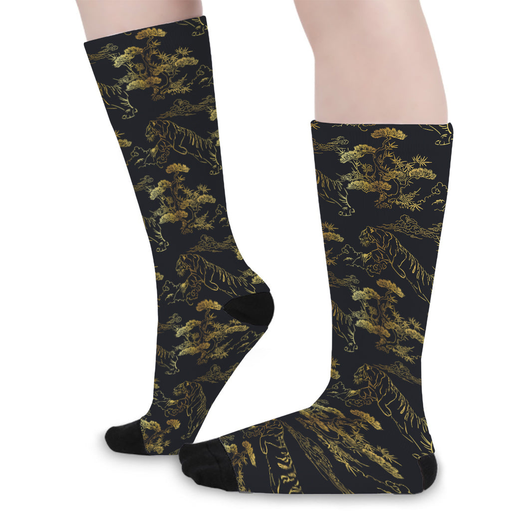 Black And Gold Japanese Tiger Print Long Socks