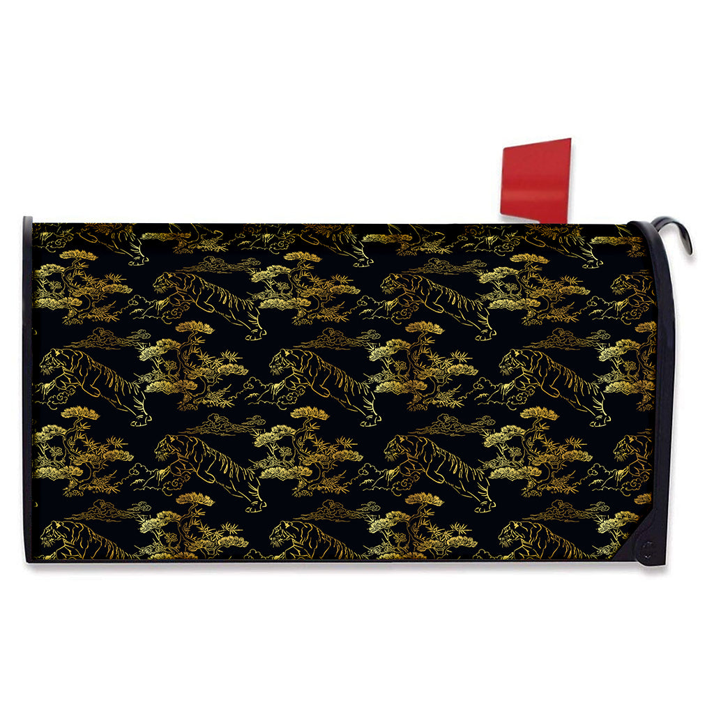 Black And Gold Japanese Tiger Print Mailbox Cover