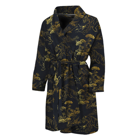Black And Gold Japanese Tiger Print Men's Bathrobe