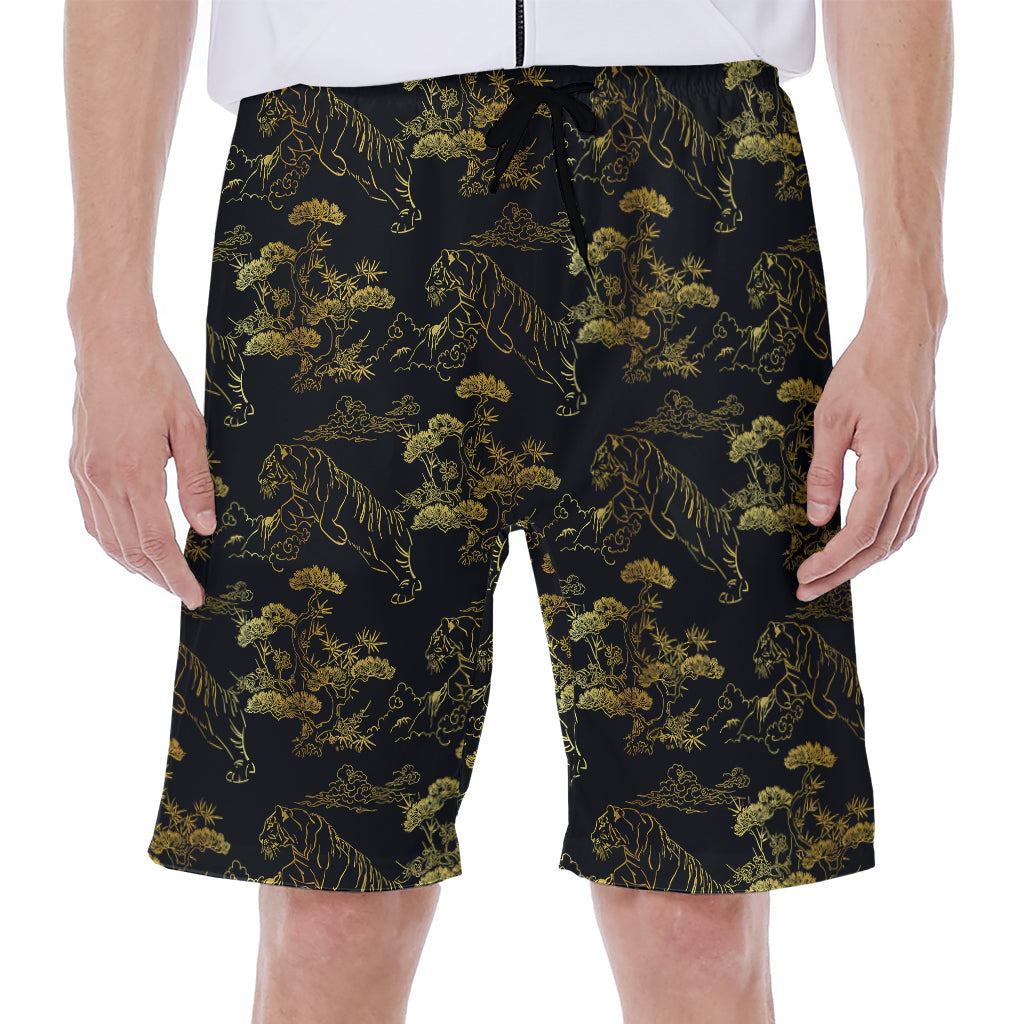 Black And Gold Japanese Tiger Print Men's Beach Shorts