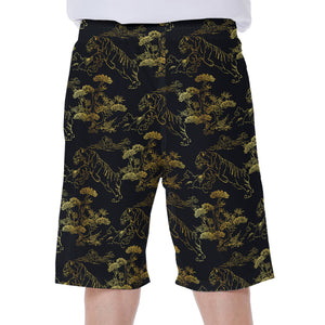 Black And Gold Japanese Tiger Print Men's Beach Shorts