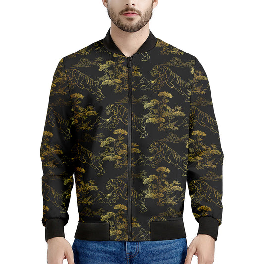 Black And Gold Japanese Tiger Print Men's Bomber Jacket