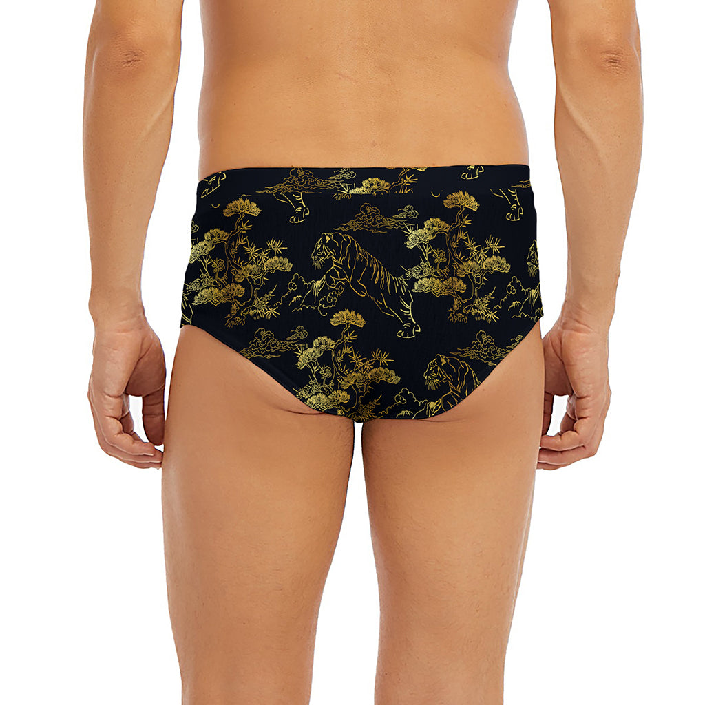 Black And Gold Japanese Tiger Print Men's Briefs