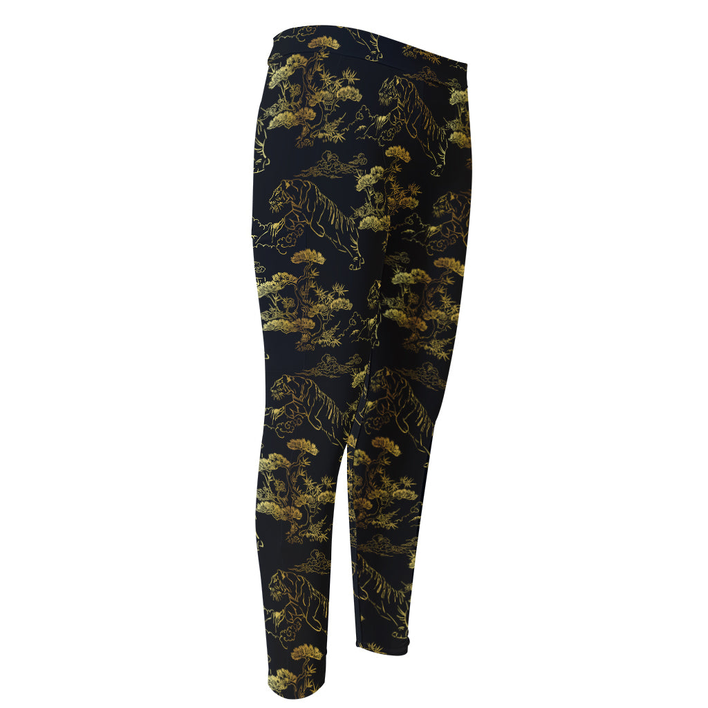 Black And Gold Japanese Tiger Print Men's Compression Pants