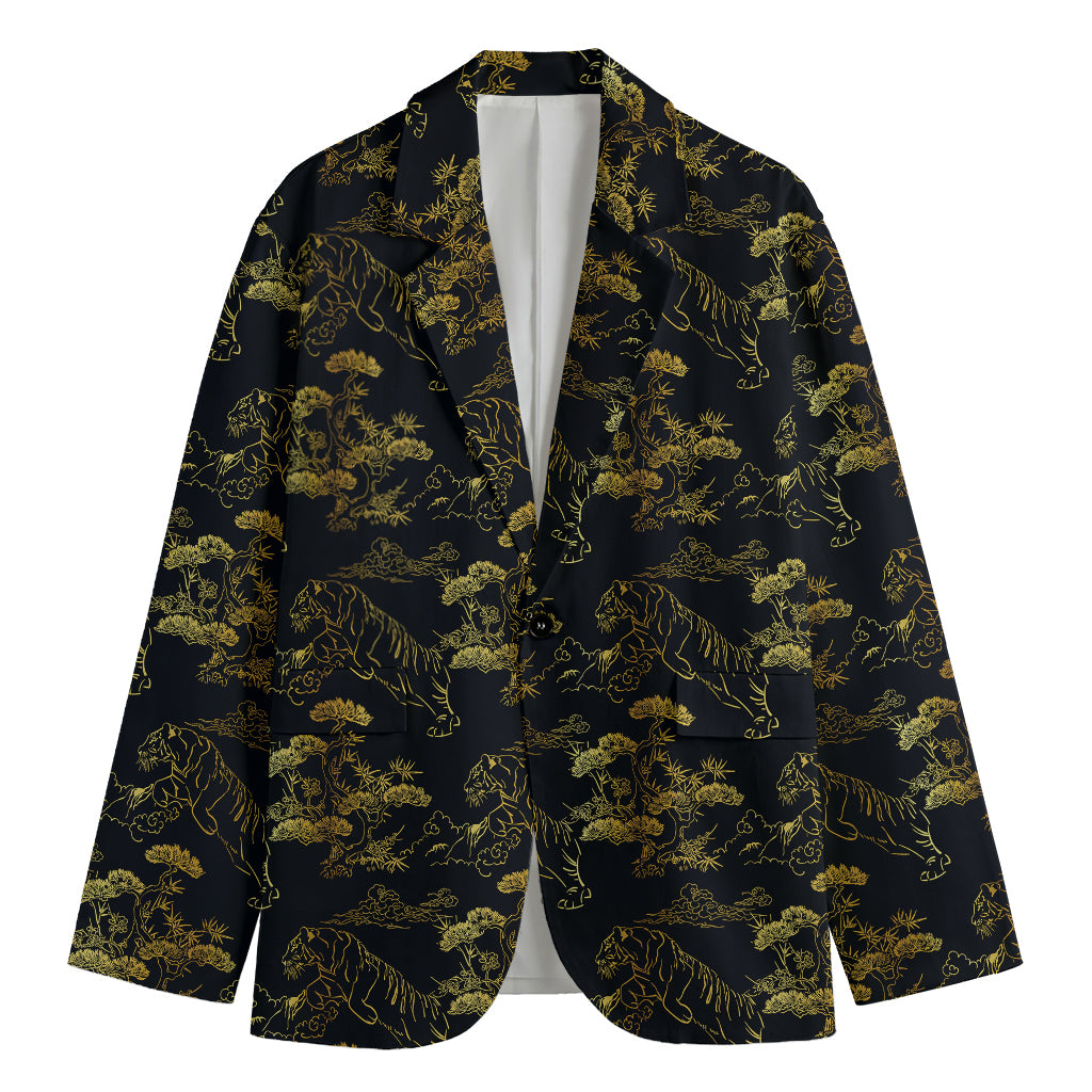 Black And Gold Japanese Tiger Print Men's Cotton Blazer