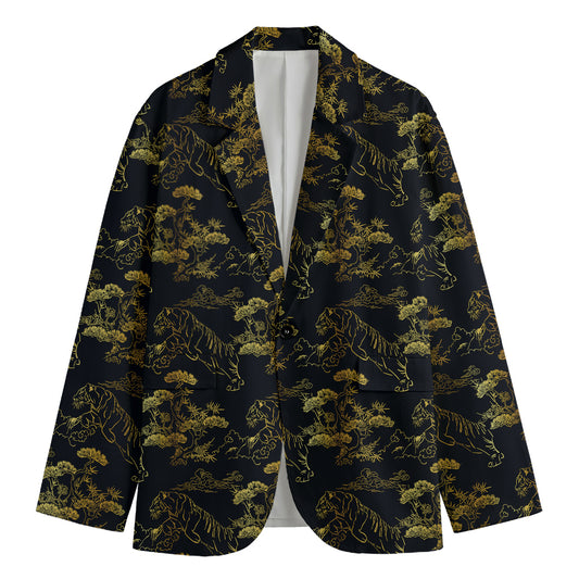 Black And Gold Japanese Tiger Print Men's Cotton Blazer