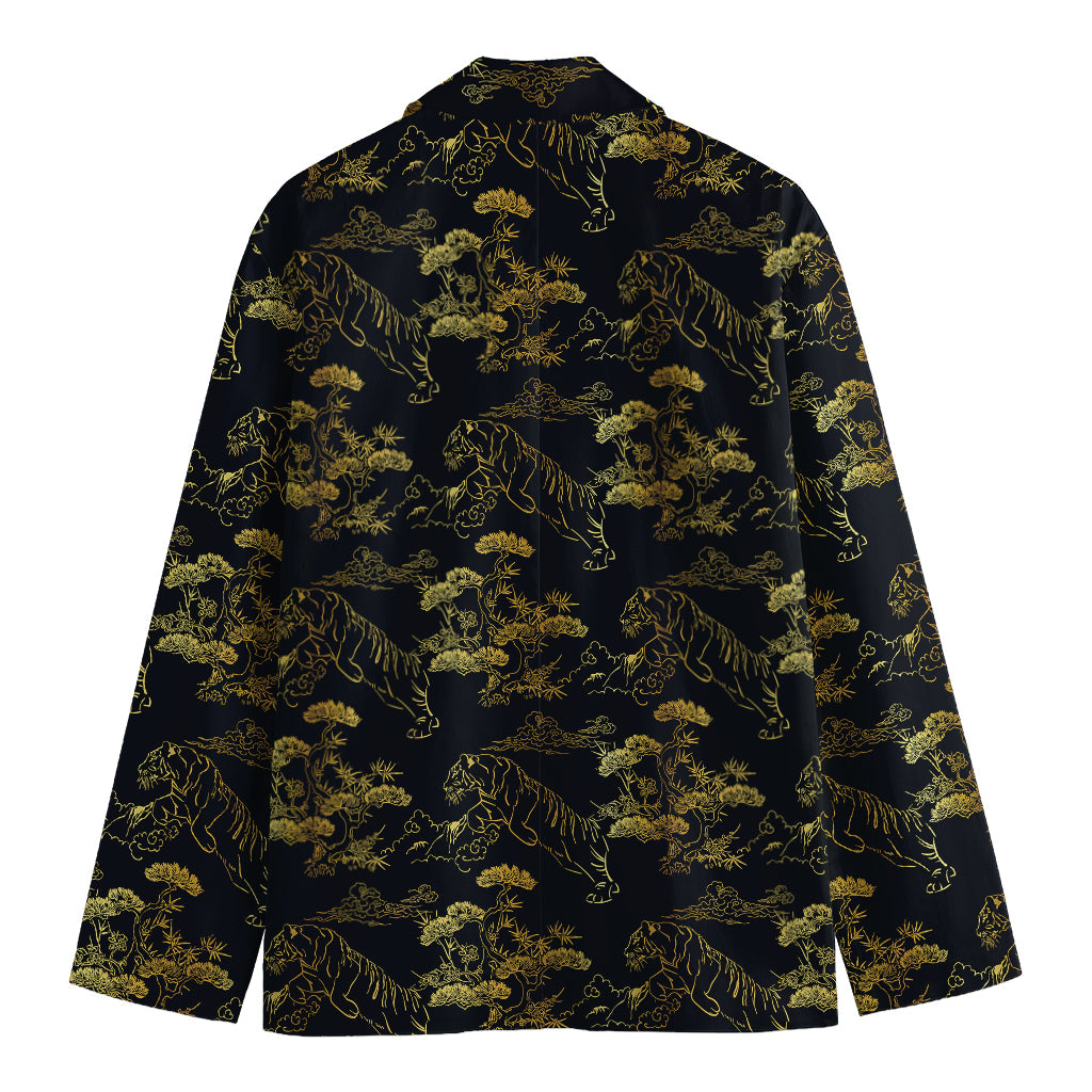 Black And Gold Japanese Tiger Print Men's Cotton Blazer