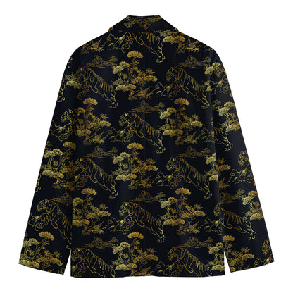 Black And Gold Japanese Tiger Print Men's Cotton Blazer