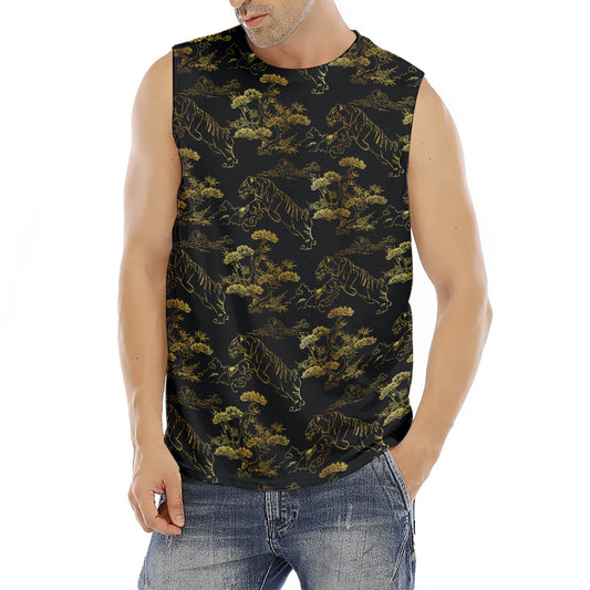 Black And Gold Japanese Tiger Print Men's Fitness Tank Top