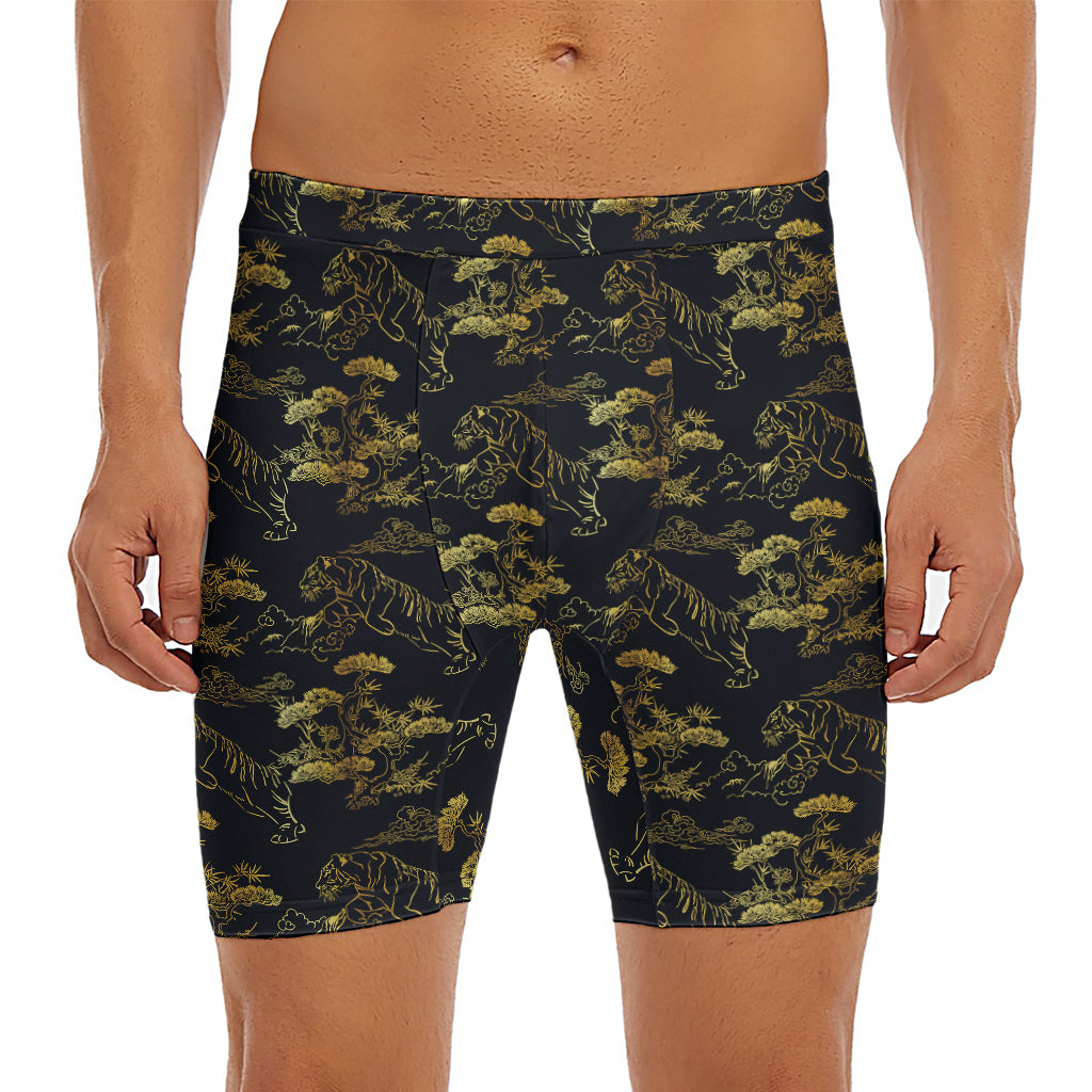 Black And Gold Japanese Tiger Print Men's Long Boxer Briefs