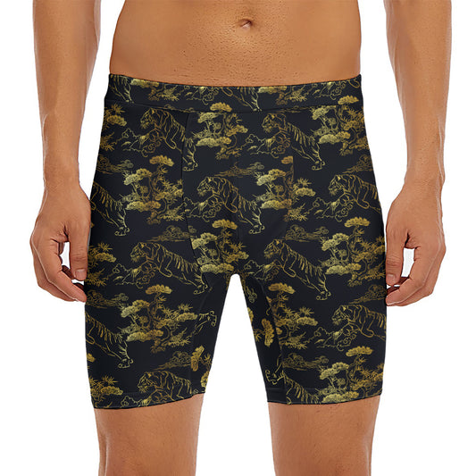 Black And Gold Japanese Tiger Print Men's Long Boxer Briefs