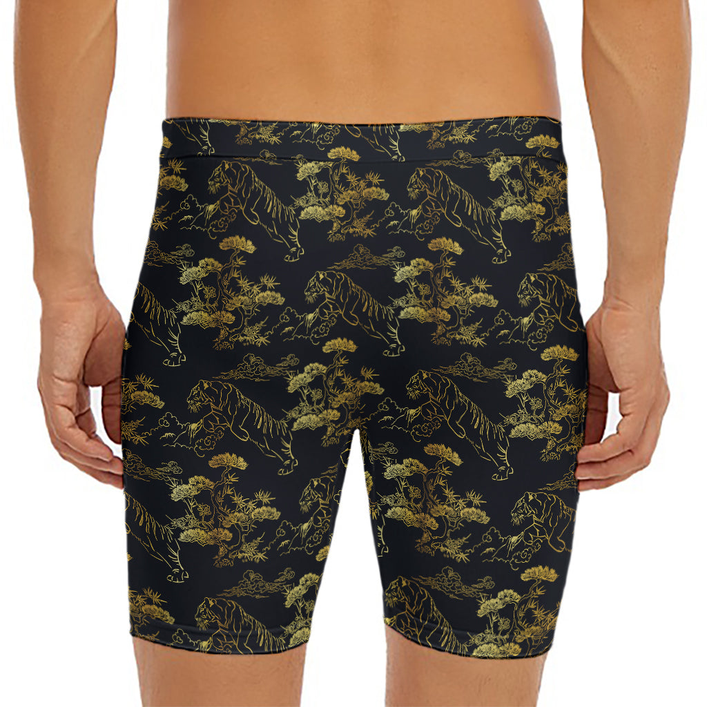 Black And Gold Japanese Tiger Print Men's Long Boxer Briefs
