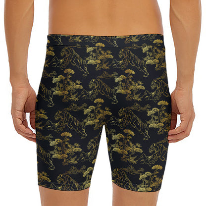 Black And Gold Japanese Tiger Print Men's Long Boxer Briefs