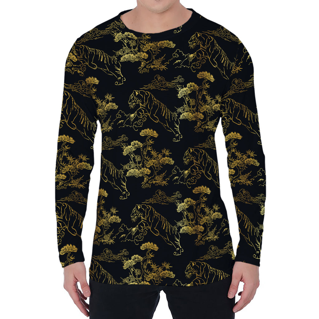 Black And Gold Japanese Tiger Print Men's Long Sleeve T-Shirt