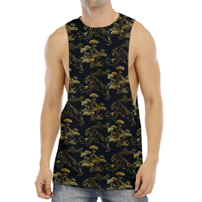 Black And Gold Japanese Tiger Print Men's Muscle Tank Top