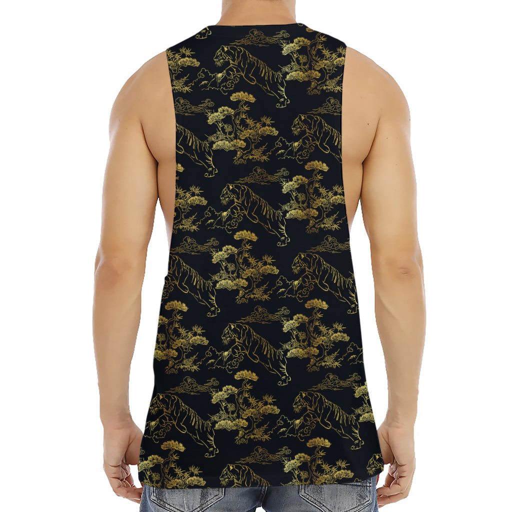 Black And Gold Japanese Tiger Print Men's Muscle Tank Top