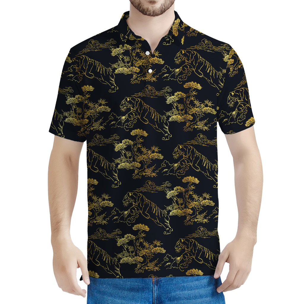 Black And Gold Japanese Tiger Print Men's Polo Shirt