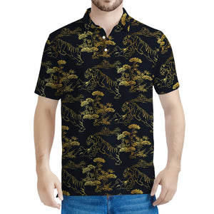 Black And Gold Japanese Tiger Print Men's Polo Shirt