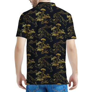 Black And Gold Japanese Tiger Print Men's Polo Shirt