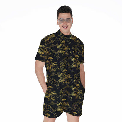 Black And Gold Japanese Tiger Print Men's Rompers
