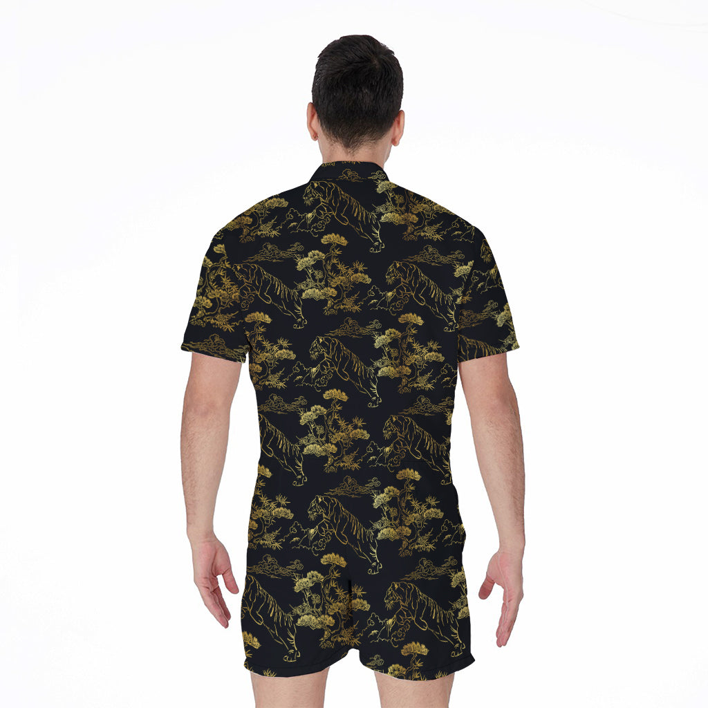 Black And Gold Japanese Tiger Print Men's Rompers