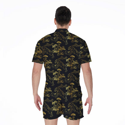 Black And Gold Japanese Tiger Print Men's Rompers