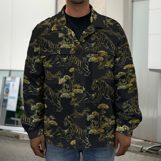 Black And Gold Japanese Tiger Print Men's Shirt Jacket