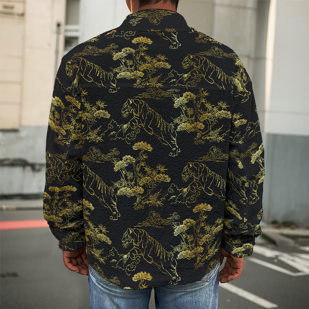 Black And Gold Japanese Tiger Print Men's Shirt Jacket