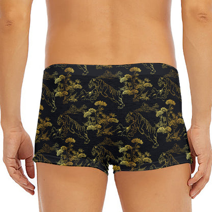 Black And Gold Japanese Tiger Print Men's Short Boxer Briefs