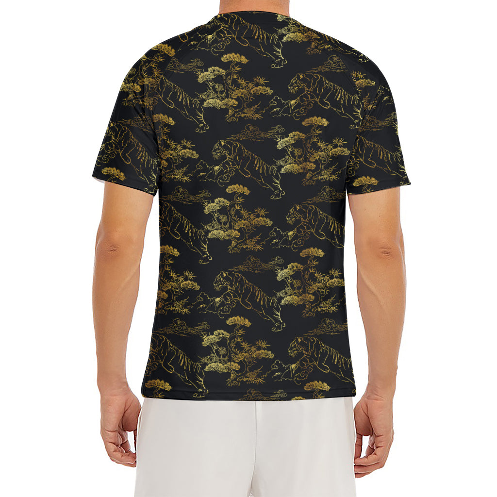 Black And Gold Japanese Tiger Print Men's Short Sleeve Rash Guard