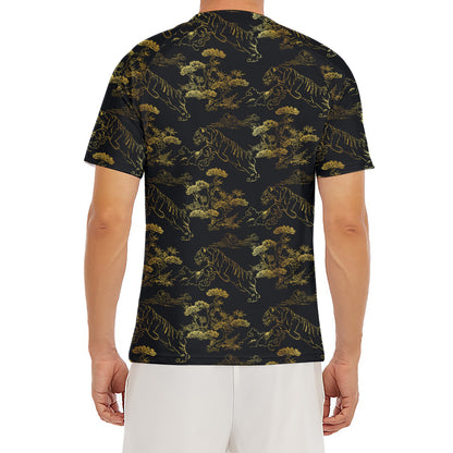 Black And Gold Japanese Tiger Print Men's Short Sleeve Rash Guard