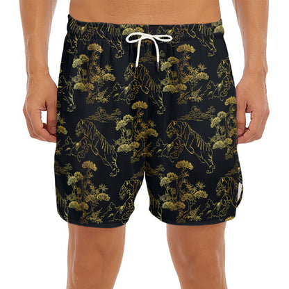 Black And Gold Japanese Tiger Print Men's Split Running Shorts