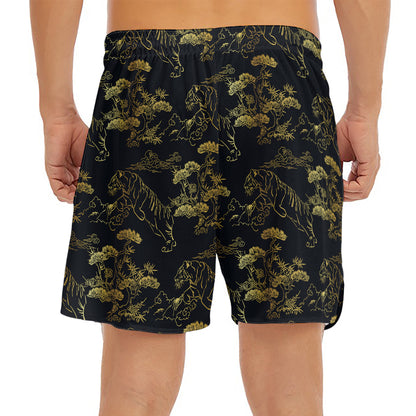 Black And Gold Japanese Tiger Print Men's Split Running Shorts