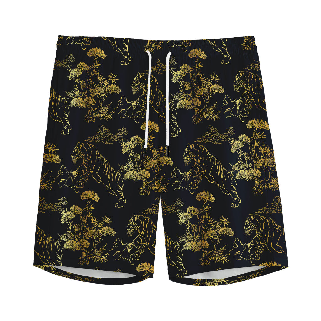 Black And Gold Japanese Tiger Print Men's Sports Shorts
