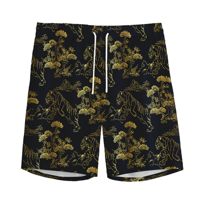 Black And Gold Japanese Tiger Print Men's Sports Shorts