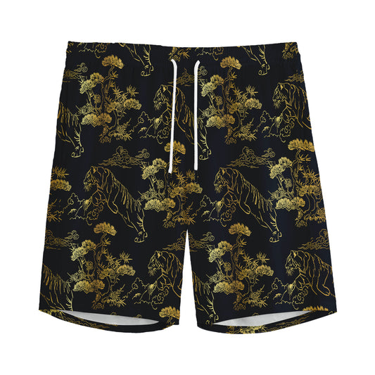 Black And Gold Japanese Tiger Print Men's Sports Shorts