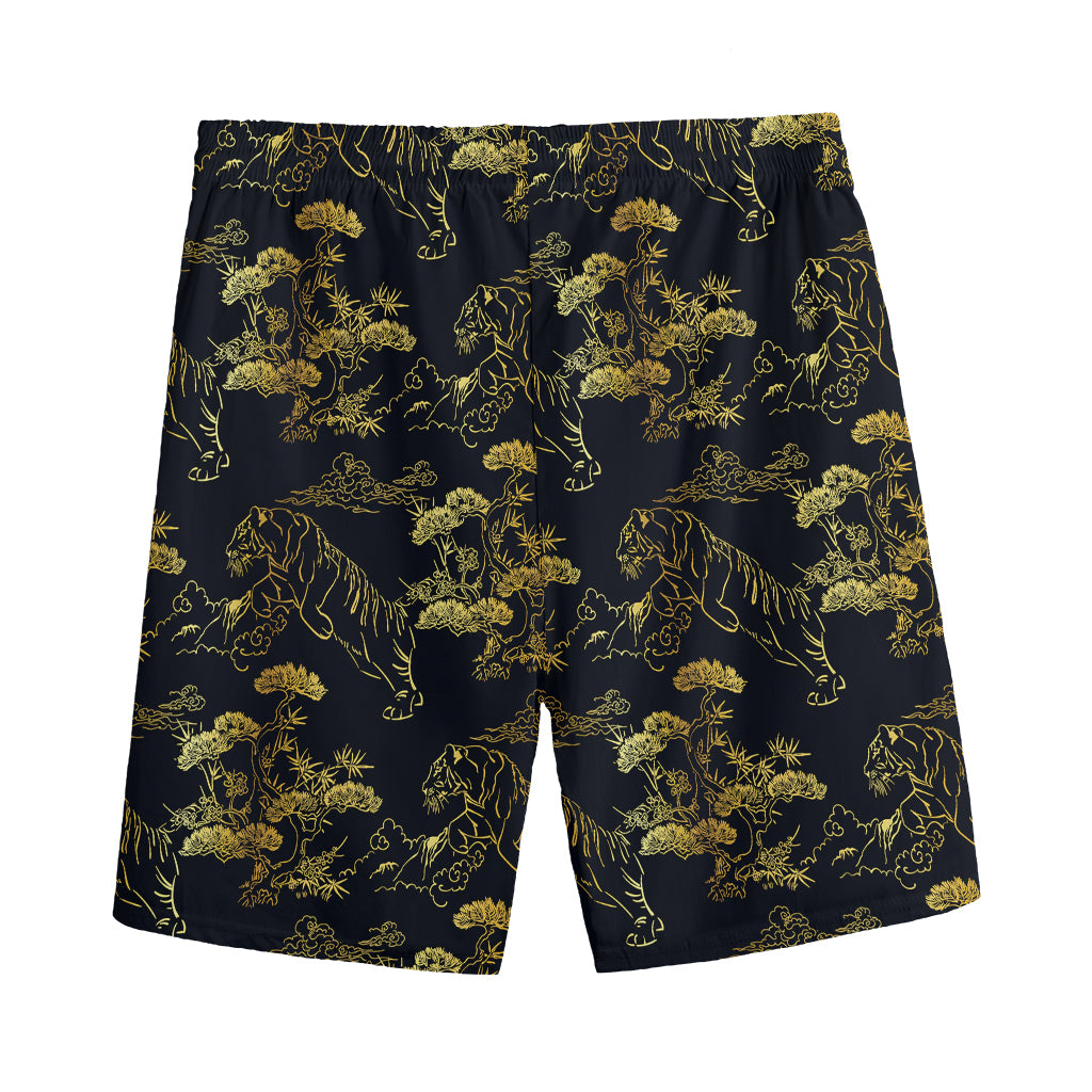 Black And Gold Japanese Tiger Print Men's Sports Shorts