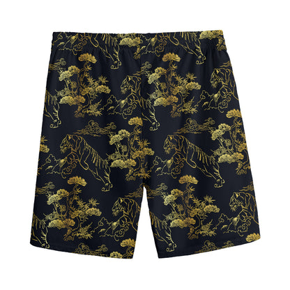 Black And Gold Japanese Tiger Print Men's Sports Shorts