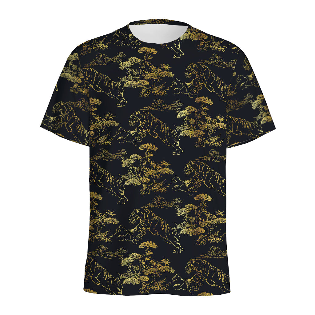 Black And Gold Japanese Tiger Print Men's Sports T-Shirt