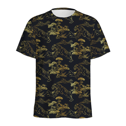 Black And Gold Japanese Tiger Print Men's Sports T-Shirt