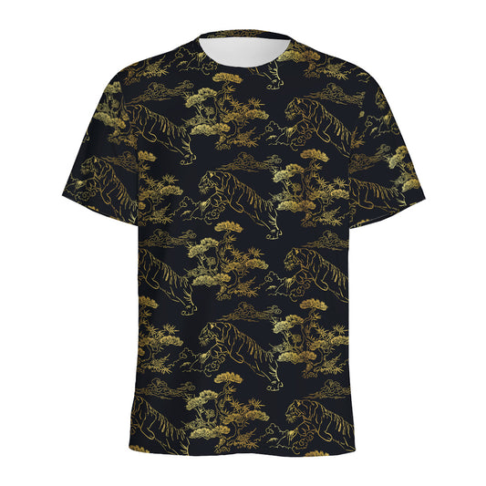 Black And Gold Japanese Tiger Print Men's Sports T-Shirt