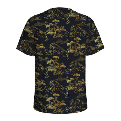 Black And Gold Japanese Tiger Print Men's Sports T-Shirt