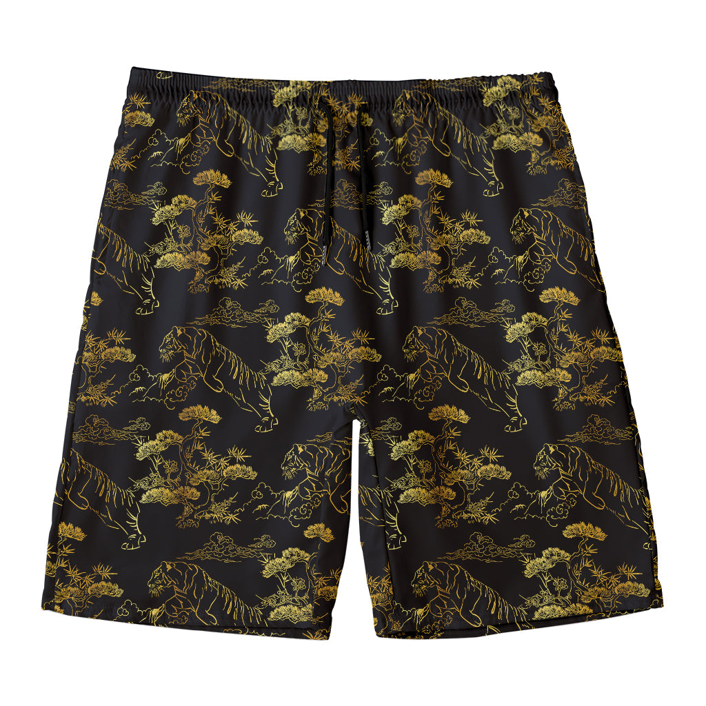 Black And Gold Japanese Tiger Print Men's Swim Trunks