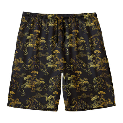 Black And Gold Japanese Tiger Print Men's Swim Trunks