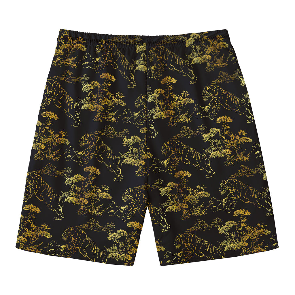 Black And Gold Japanese Tiger Print Men's Swim Trunks