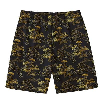 Black And Gold Japanese Tiger Print Men's Swim Trunks
