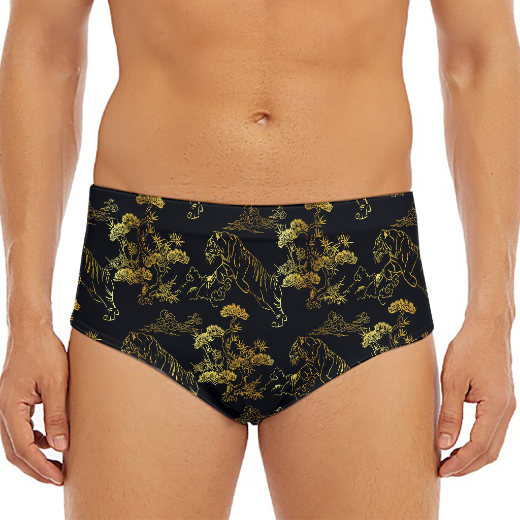 Black And Gold Japanese Tiger Print Men's Triangle Swim Briefs