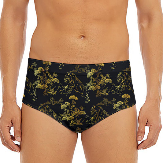Black And Gold Japanese Tiger Print Men's Triangle Swim Briefs