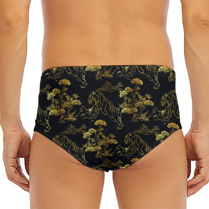 Black And Gold Japanese Tiger Print Men's Triangle Swim Briefs
